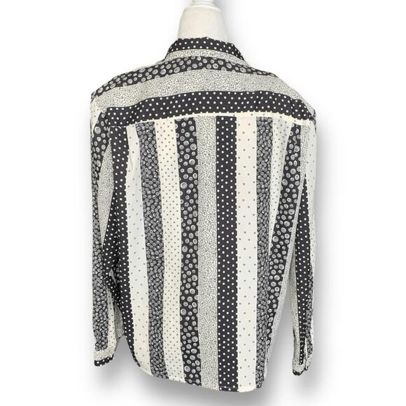 Vintage 90s Blouse Black White Semi Sheer Abstract Geometric Stripe Shirt 14 - Picture 4 of 11